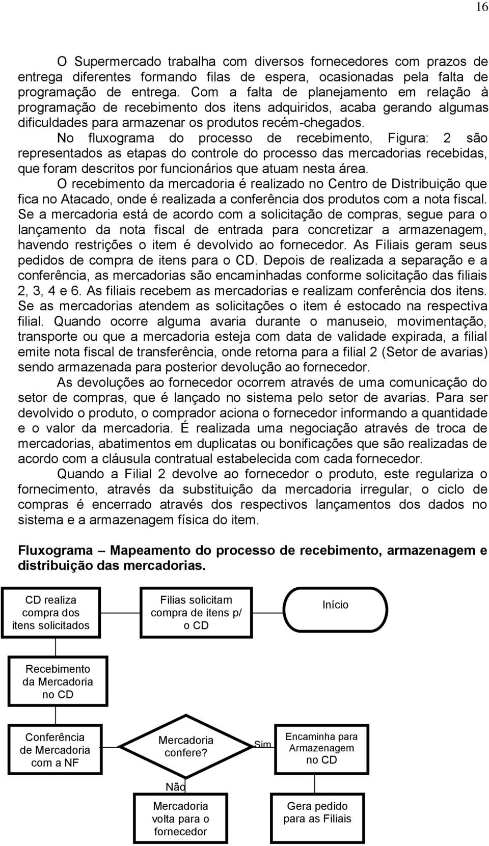 No fluxograma do processo de recebimento, Figura: 2 são representados as etapas do controle do processo das mercadorias recebidas, que foram descritos por funcionários que atuam nesta área.