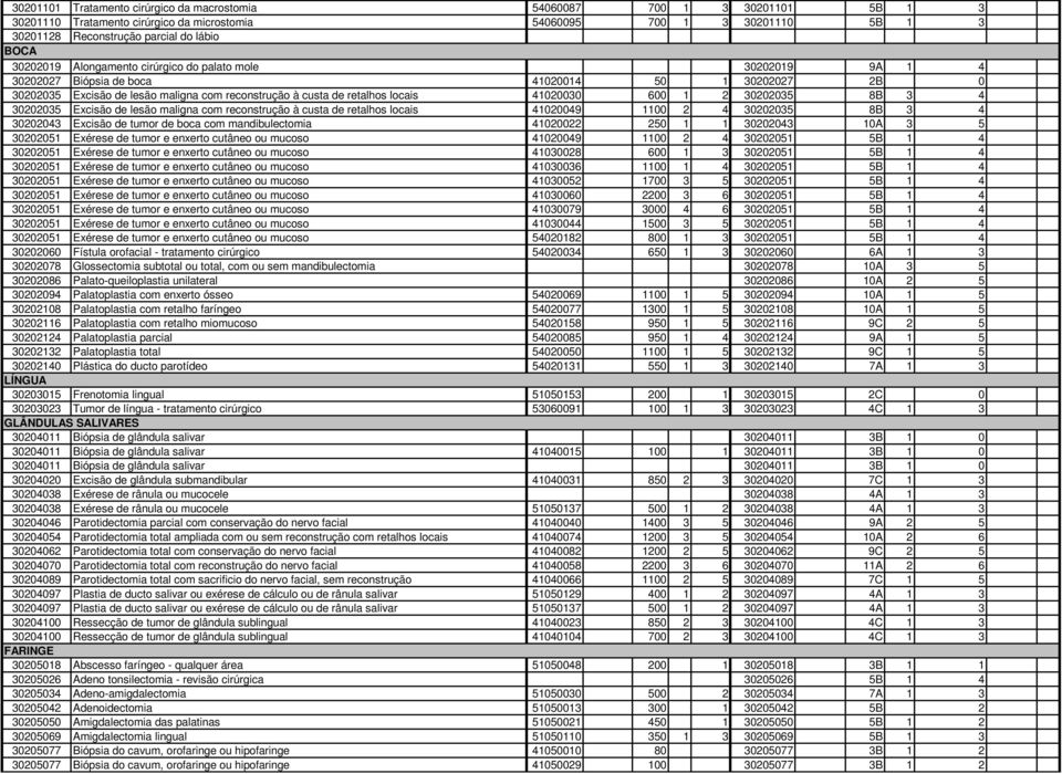 41020030 600 1 2 30202035 8B 3 4 30202035 Excisão de lesão maligna com reconstrução à custa de retalhos locais 41020049 1100 2 4 30202035 8B 3 4 30202043 Excisão de tumor de boca com mandibulectomia