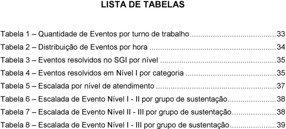 .. 35 Tabela 5 Escalada por nível de atendimento... 37 Tabela 6 Escalada de Evento Nível I - II por grupo de sustentação.