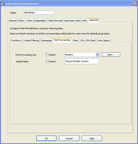 7. Igualmente dentro da aba WebVPN, clique a aba de transmissão da porta, e desmarcar a lista da transmissão da porta herdam a caixa de