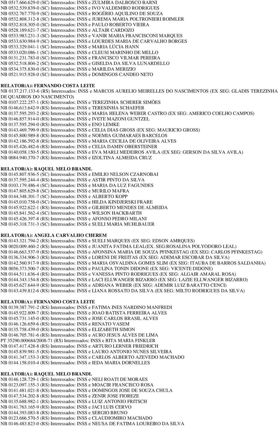 305-0 (SC) Interessados: INSS e PAULO ROBERTO VIEIRA NB 0528.189.621-7 (SC) Interessados: INSS e ALTAIR CARDOZO NB 0533.983.231-3 (SC) Interessados: INSS e VANIR MARIA FRANCISCONI MARQUES NB 0533.630.