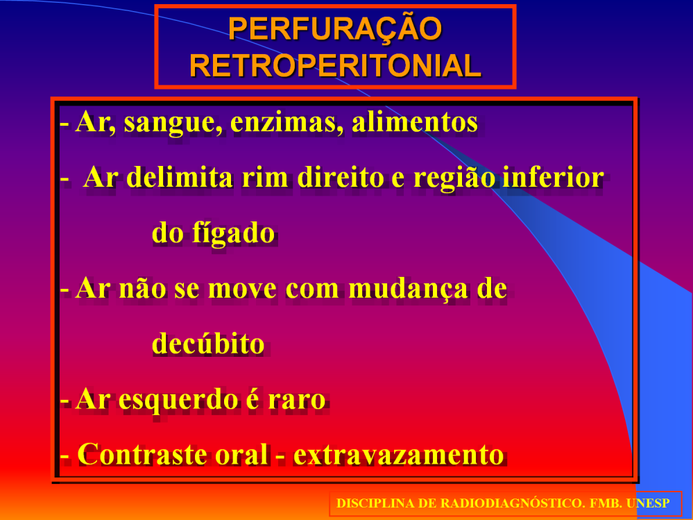 Na perfuração retroperitonial do duodeno pode extravasar ar, sangue, enzimas digestivas e alimentos para esta região.