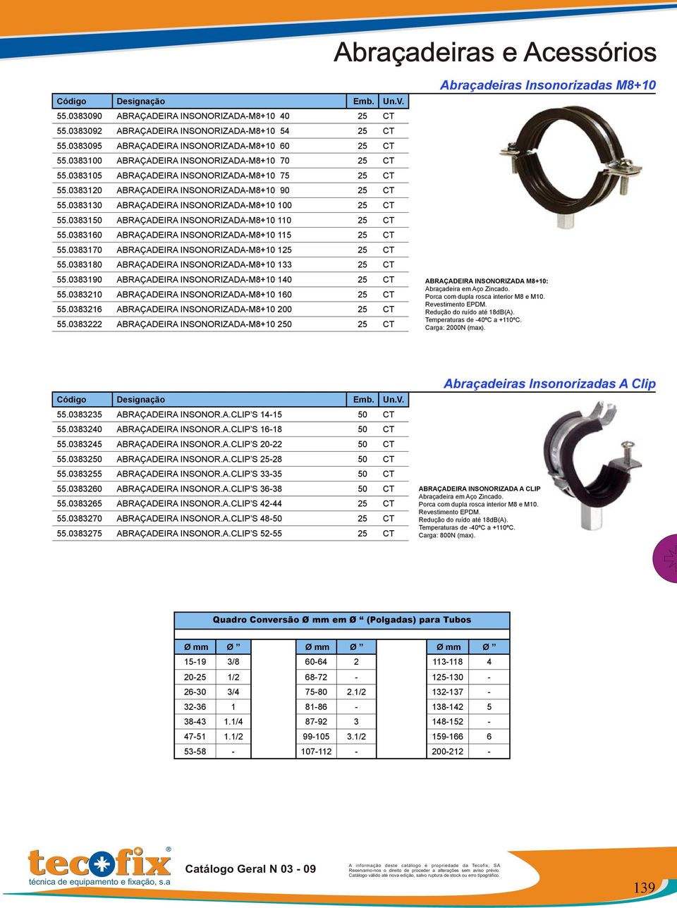 0383130 ABRAÇADEIRA INSONORIZADA-M8+10 100 25 CT 55.0383150 ABRAÇADEIRA INSONORIZADA-M8+10 110 25 CT 55.0383160 ABRAÇADEIRA INSONORIZADA-M8+10 115 25 CT 55.