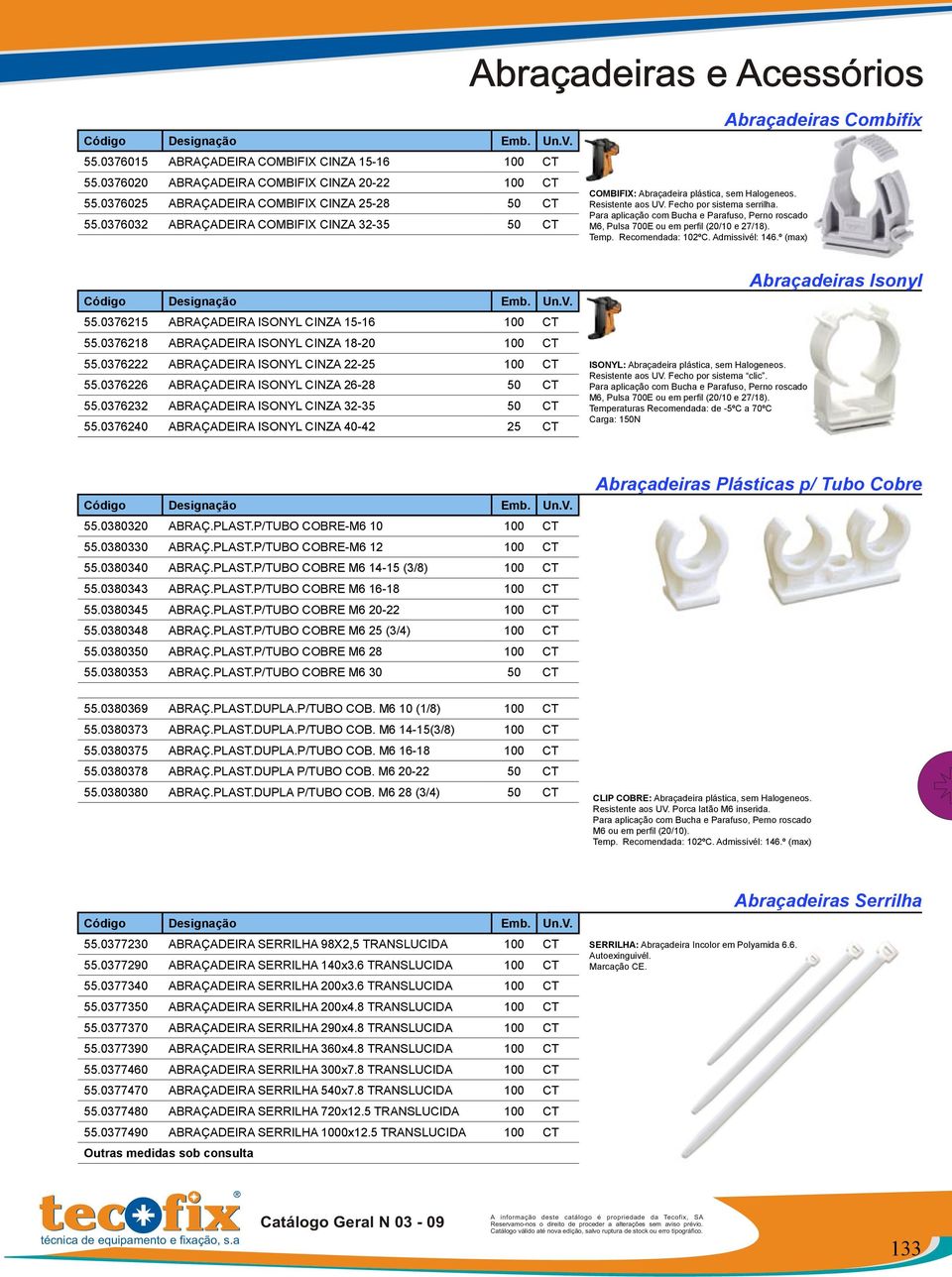 Para aplicação com Bucha e Parafuso, Perno roscado M6, Pulsa 700E ou em perfil (20/10 e 27/18). Temp. Recomendada: 102ºC. Admissivél: 146.º (max) Abraçadeiras Combifix 55.