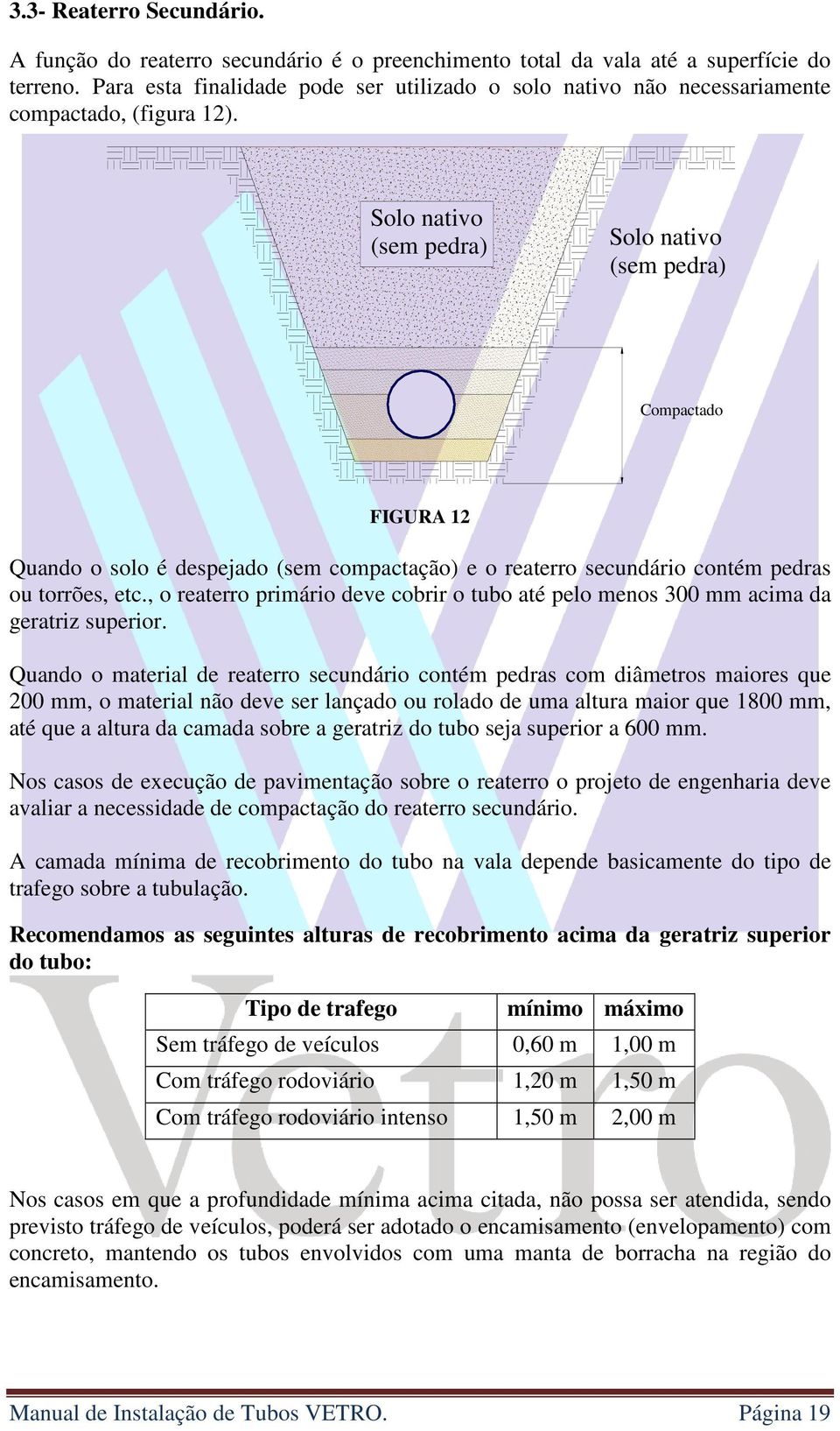 Solo nativo (sem pedra) Solo nativo (sem pedra) Compactado FIGURA 12 Quando o solo é despejado (sem compactação) e o reaterro secundário contém pedras ou torrões, etc.