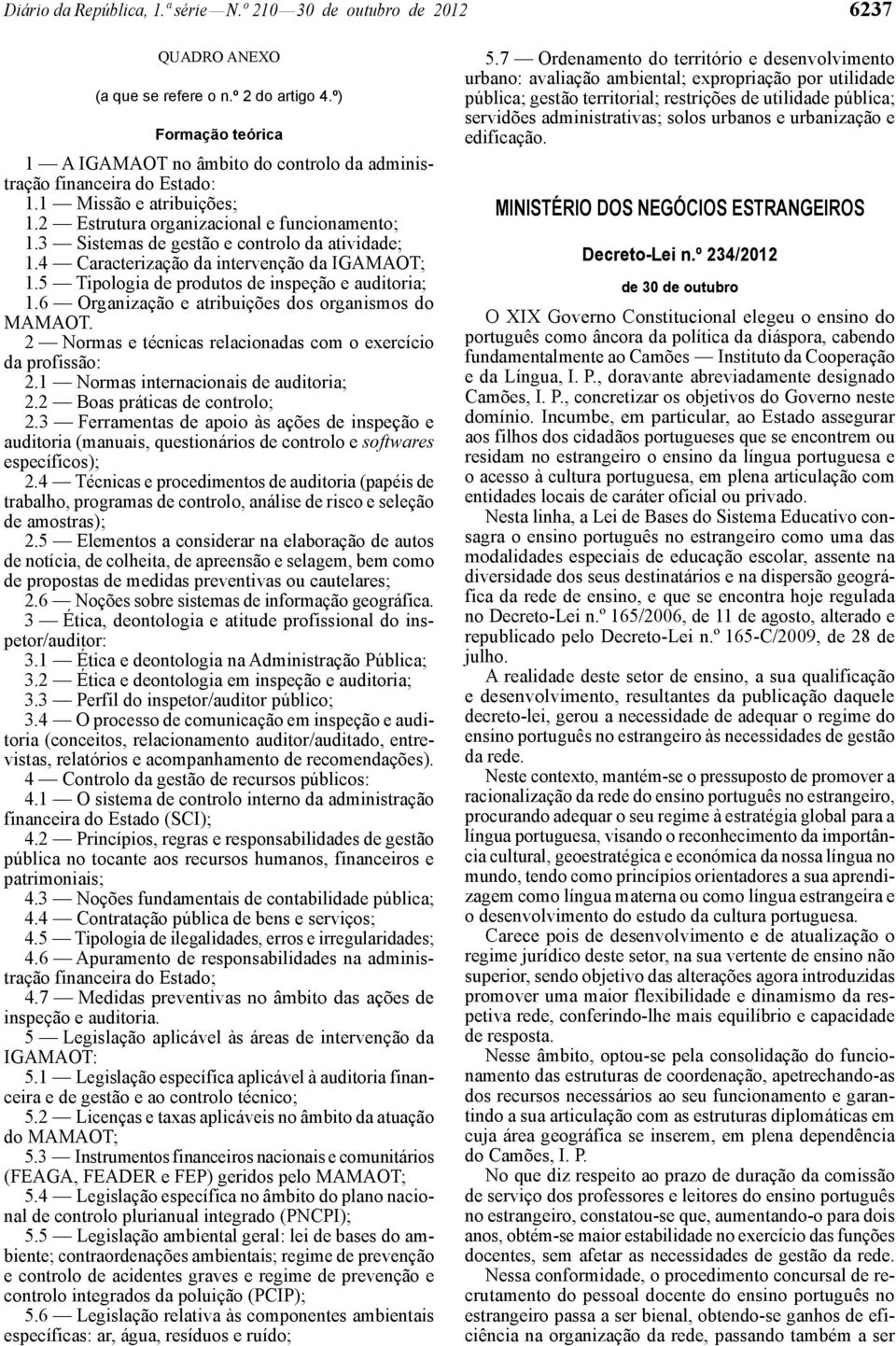 3 Sistemas de gestão e controlo da atividade; 1.4 Caracterização da intervenção da IGAMAOT; 1.5 Tipologia de produtos de inspeção e auditoria; 1.6 Organização e atribuições dos organismos do MAMAOT.