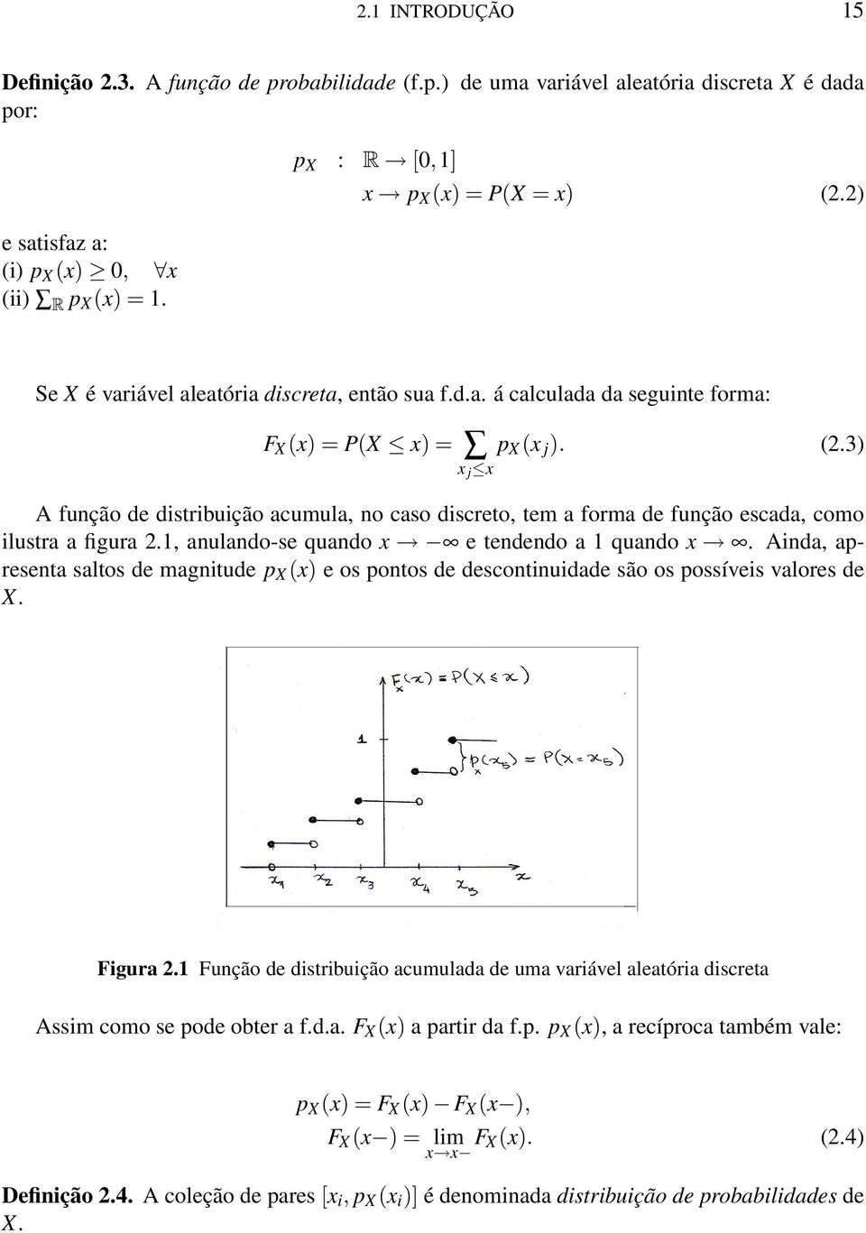 1, anulando-se quando x e tendendo a 1 quando x. Ainda, apresenta saltos de magnitude p X (x) e os pontos de descontinuidade são os possíveis valores de X. Figura 2.