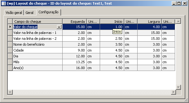 4. Pressione CTRL+S ou feche o formulário para salvar as configurações. 5. Clique em Banco > Contas bancárias > botão Configuração > Layout do cheque > guia Geral. 6.