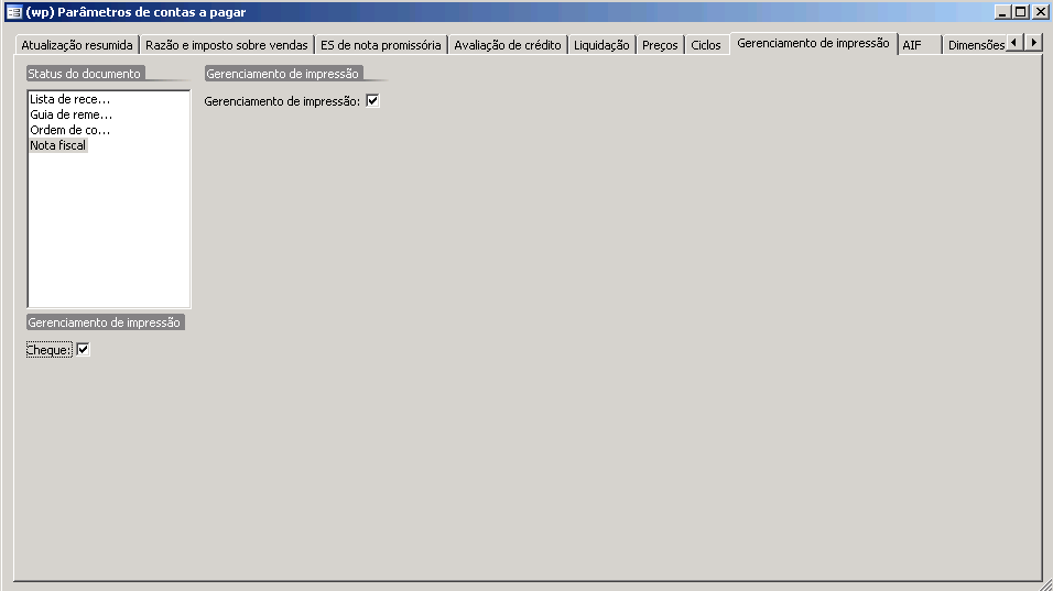 Configurar parâmetro de gerenciamento de impressão para documentos de venda e cheques de reembolso 1. Clique em Contas a receber > Configuração > Parâmetros > guia Gerenciamento de impressão. 2.