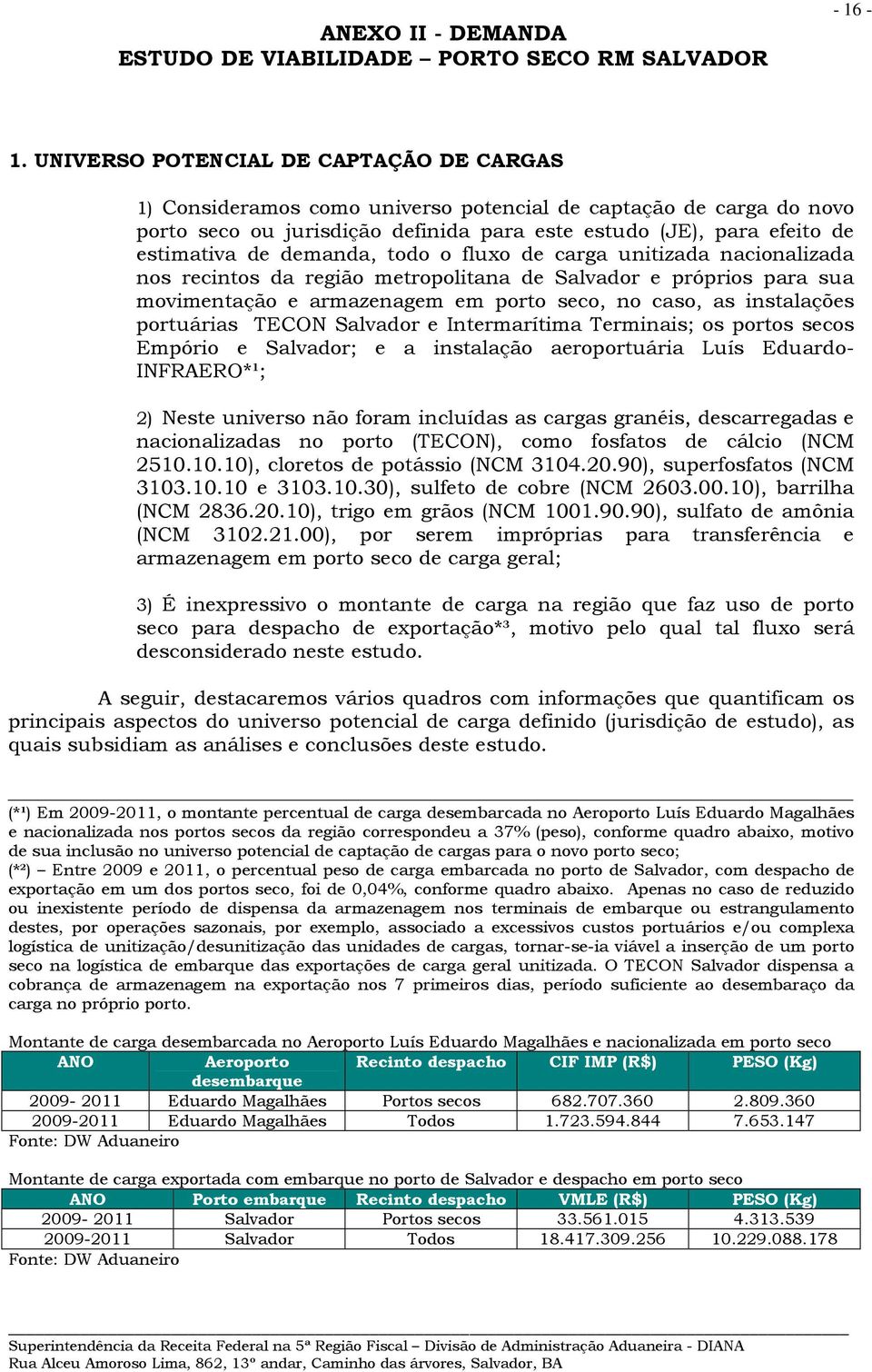 demanda, todo o fluxo de carga unitizada nacionalizada nos recintos da região metropolitana de Salvador e próprios para sua movimentação e armazenagem em porto seco, no caso, as instalações