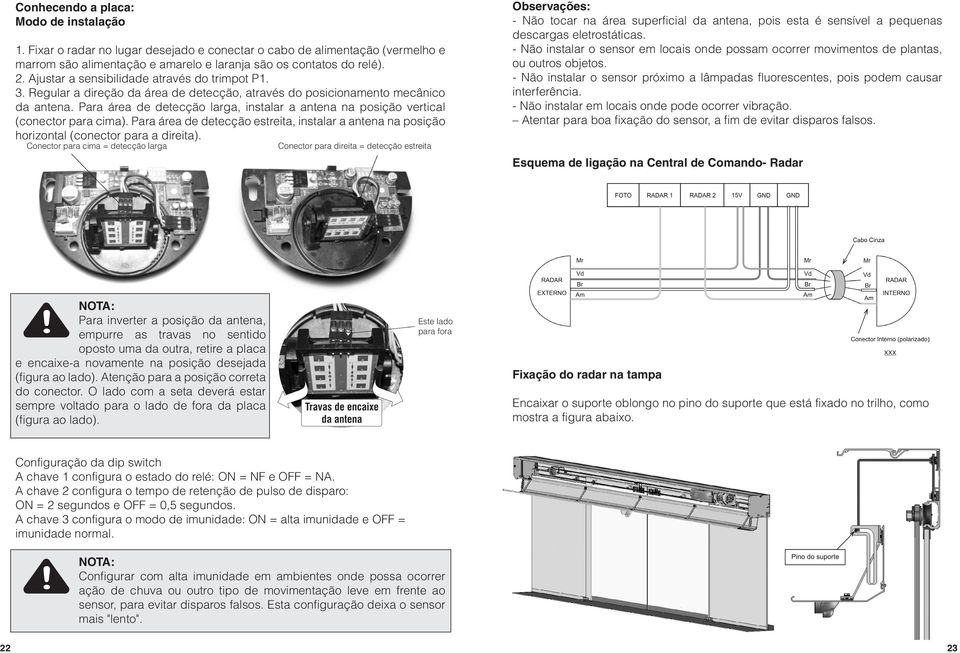 Para área de detecção larga, instalar a antena na posição vertical (conector para cima). Para área de detecção estreita, instalar a antena na posição horizontal (conector para a direita).