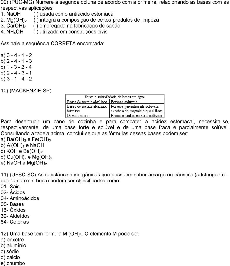 NH 4 OH ( ) utilizada em construções civis Assinale a seqüência CORRETA encontrada: a) 3-4 - 1-2 b) 2-4 - 1-3 c) 1-3 - 2-4 d) 2-4 - 3-1 e) 3-1 - 4-2 10) (MACKENZIE-SP) Para desentupir um cano de