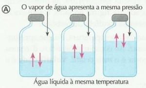 Com o tempo, a água vai evaporando e seu vapor preenche o restante do recipiente. O vapor é composto por moléculas de água em alta velocidade que vão batendo nas paredes do recipiente e geram PRESSÃO.