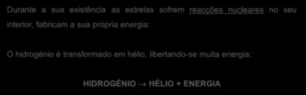 VIDA DAS ESTRELAS Durante a sua existência as estrelas sofrem reacções nucleares no seu interior, fabricam a sua própria energia: O brilho das estrelas depende do seu tamanho!