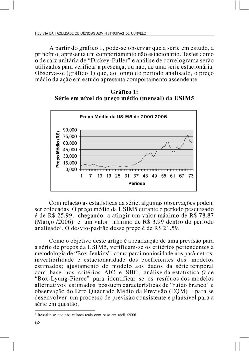 Observa-se (gráfico 1) que, ao longo do período analisado, o preço médio da ação em esudo apresena comporameno ascendene.