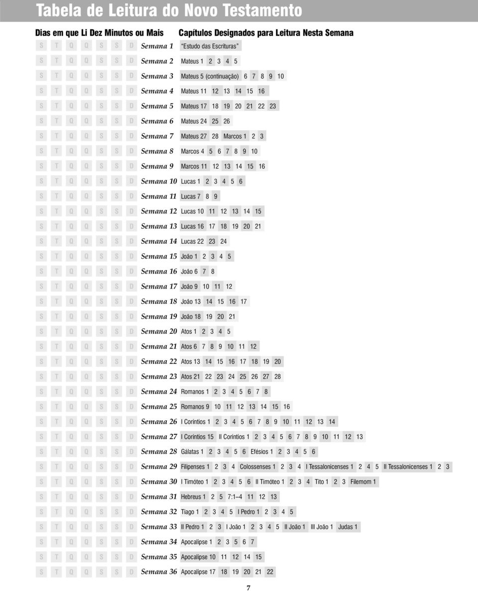Q S S D S  Q S S D S T Q Q S S D Semana 2 Mateus 1 2 3 4 5 Semana 3 Mateus 5 (continuação) 6 7 8 9 10 Semana 4 Mateus 11 12 13 14 15 16 Semana 5 Mateus 17 18 19 20 21 22 23 Semana 6 Mateus 24 25 26