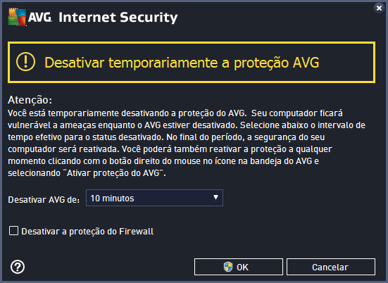 Desativar temporariamente a proteção AVG. Marque a caixa de seleção Desativar a proteção do Firewall para isso. 7.4. Proteção para o computador 7.4.1.