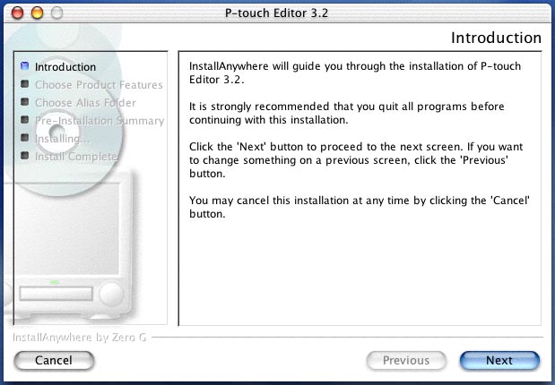 Mac OS X 10.1 a 10.2.4 1 Com o P-touch e o Macintosh desligados, ligue o P-touch ao computador utilizando o cabo de interface USB fornecido da forma descrita na página 6.