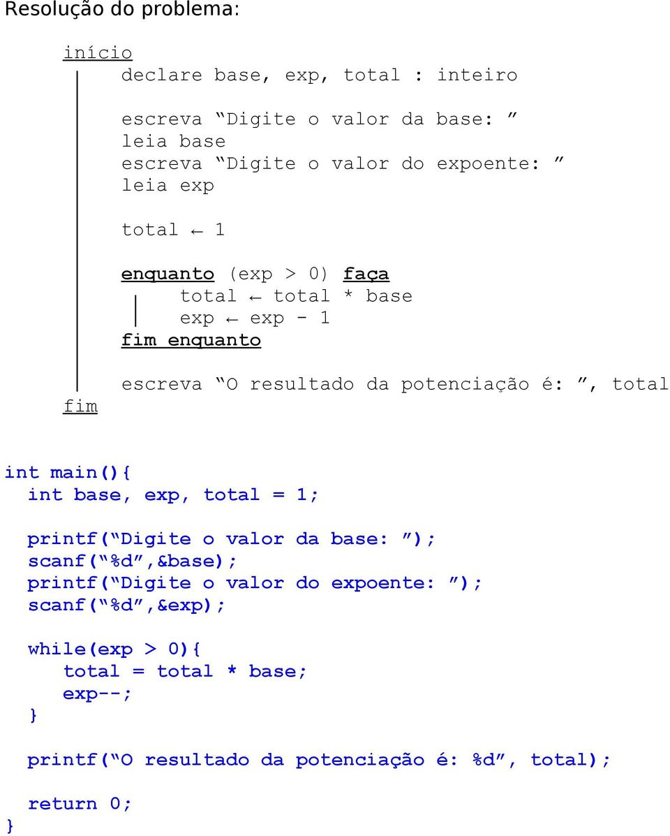 potenciação é:, total int base, exp, total = 1; printf( Digite o valor da base: ); scanf( %d,&base); printf( Digite o