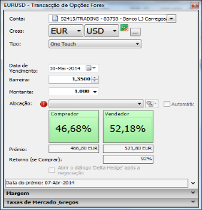 OPÇÕES BINÁRIAS 3.2 Como Negociar: Exemplos: Acredito que o EurUsd vai atingir os 1,3500 dólares até ao dia 30 de Maio de 2014 e compro 1.000 euros de uma opção one touch.