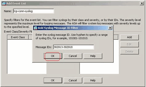 Especifique um nome no campo de nome. O clique adiciona na placa dos filtros do ID de mensagem para criar uma lista nova do evento. Especifique a escala do mensagem do syslog ID.