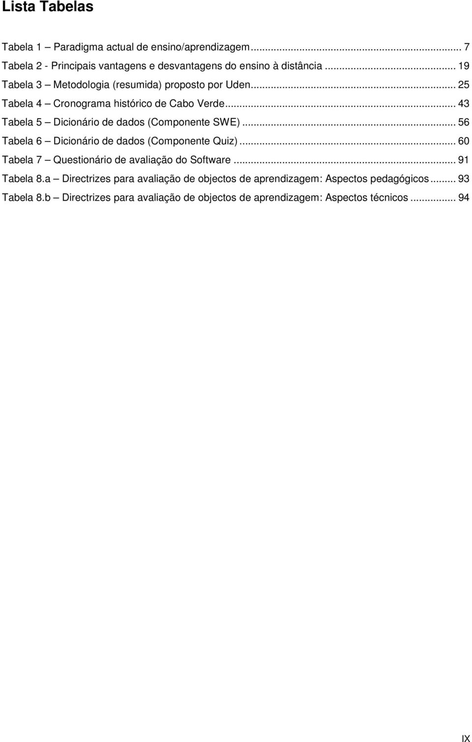 .. 43 Tabela 5 Dicionário de dados (Componente SWE)... 56 Tabela 6 Dicionário de dados (Componente Quiz).