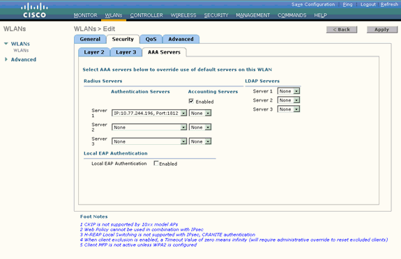 1 Clique em Apply. Nota: Este é o único ajuste EAP que precisa de ser configurado no controlador para a autenticação de EAP.