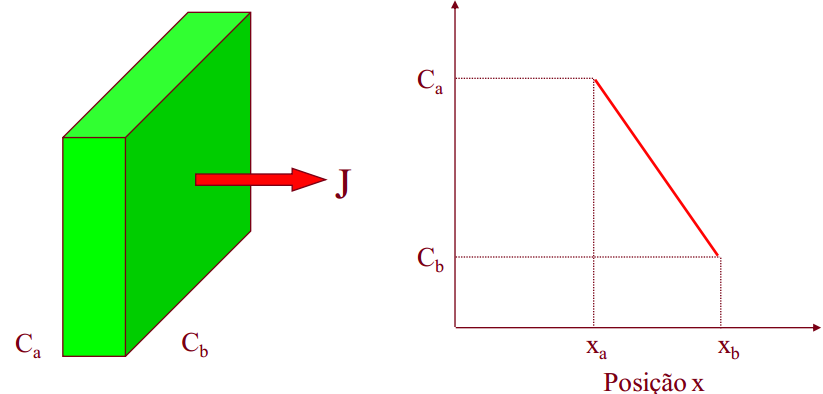 1ª Lei de Fick: O fluxo da impureza na direção x é proporcional ao gradiente de concentração nesta direção.