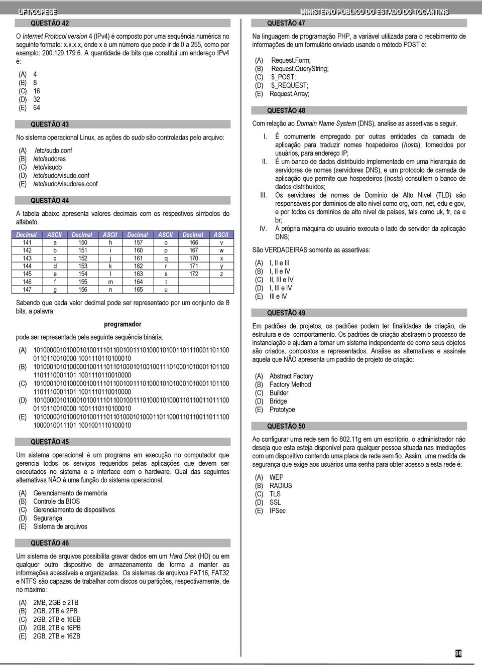 conf (B) /etc/sudores (C) /etc/visudo (D) /etc/sudo/visudo.conf (E) /etc/sudo/visudores.conf QUESTÃO 44 A tabela abaixo apresenta valores decimais com os respectivos símbolos do alfabeto.