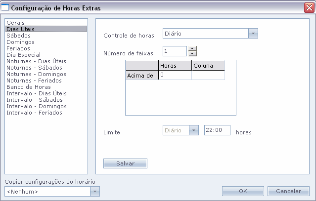 Configuração de Horas Extras > Controle de Horas Diário: Quando a soma e a divisão de horas extras é realizada dia a dia. Semana : Quando a soma e divisão de horas extras, é realizada por semana.