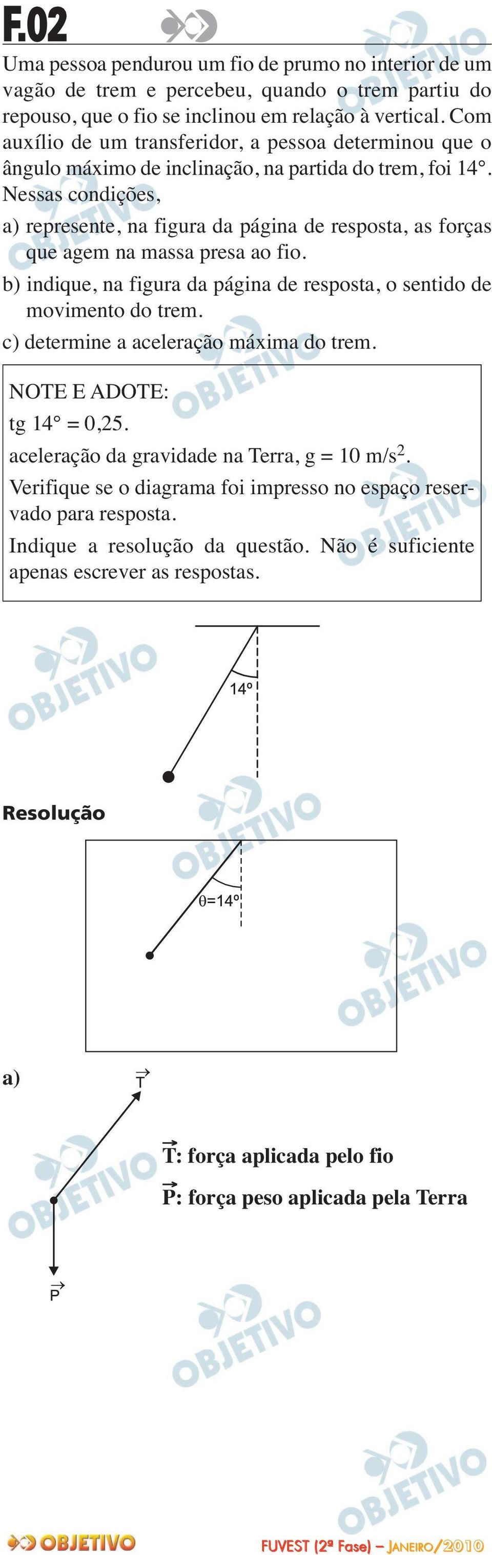 Nessas condições, a) represente, na figura da página de resposta, as forças que agem na massa presa ao fio. b) indique, na figura da página de resposta, o sentido de movimento do trem.