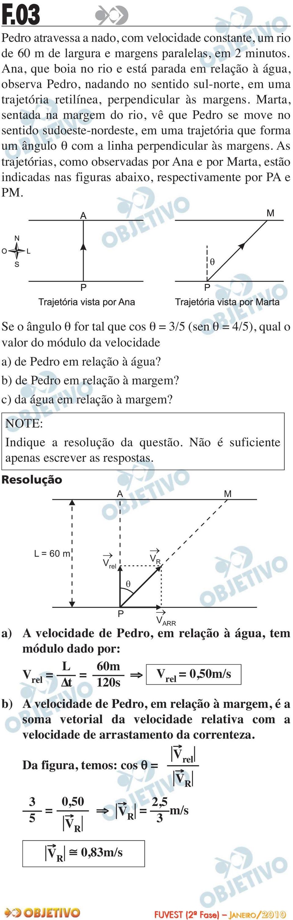 Marta, sentada na margem do rio, vê que Pedro se move no sentido sudoeste-nordeste, em uma trajetória que forma um ângulo θ com a linha perpendicular às margens.