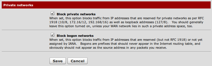 6. Marque Block private networks. Essa configuração normalmente é marcada em uma só WAN interface. 7.