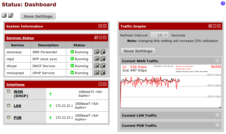 6. Clique em Save Settings 7. Clique em Apply Changes Como ele funciona... O painel de status entre muitos outros novos recursos são adicionados no PfSense 2.0.