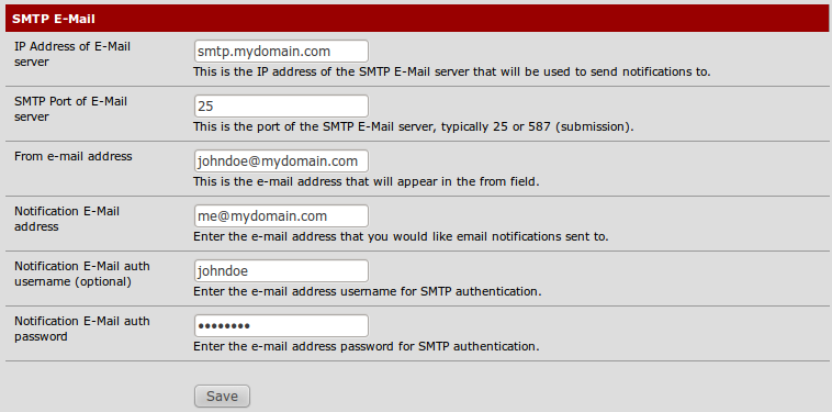 4. Digite a porta que o servidor de SMTP usa em SMTP Port of the E-Mail server 5. Digite o e-mail que você esta usando como remetente em From e-mail address 6.