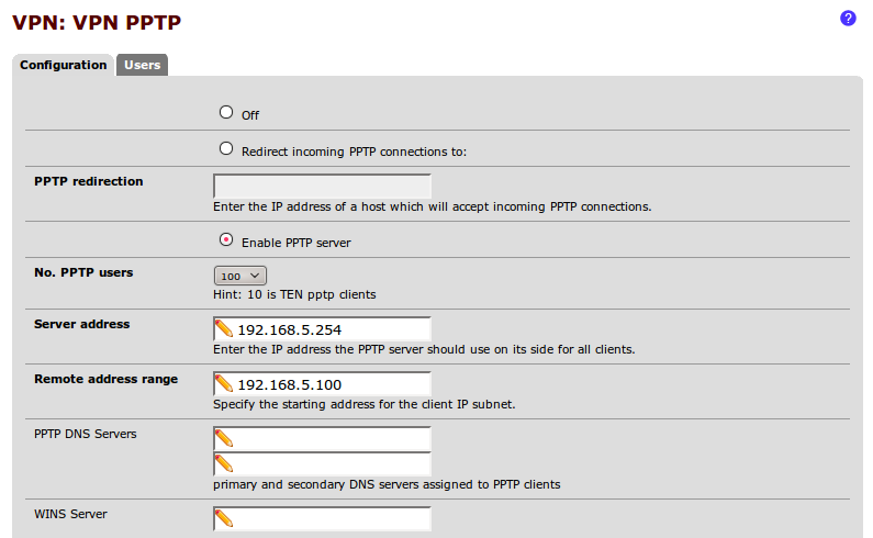Configurando o serviço PPTP VPN Configurando o serviço L2TP VPN Configurando o serviço PPTP VPN Aqui vamos descrever como configurar o PfSense para receber conexões PPTP VPN. Como fazê-lo... 1.