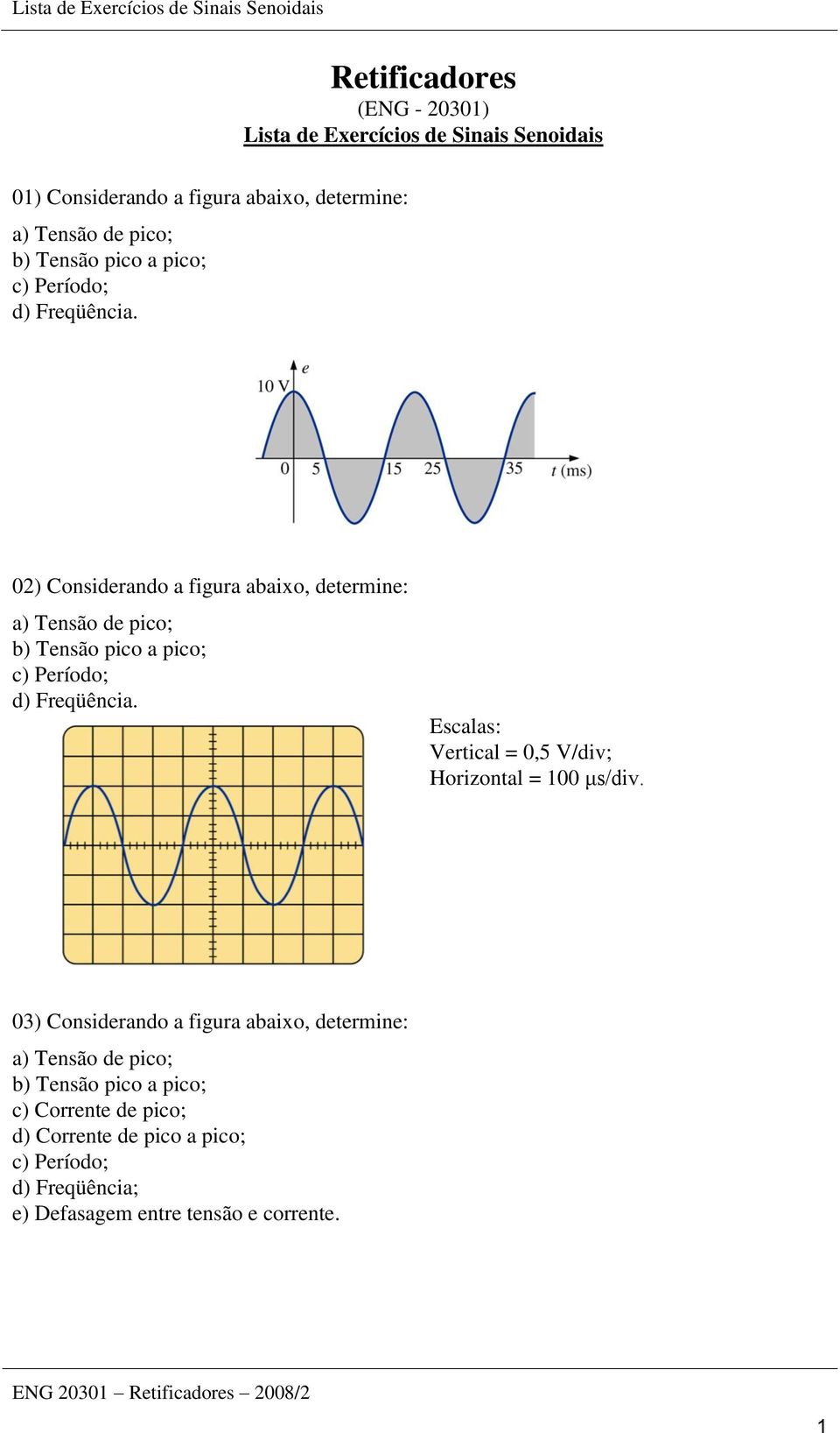02) Considerando a figura abaixo, determine: a) Tensão de pico; b)  Escalas: Vertical = 0,5 V/div; Horizontal = 100 μs/div.