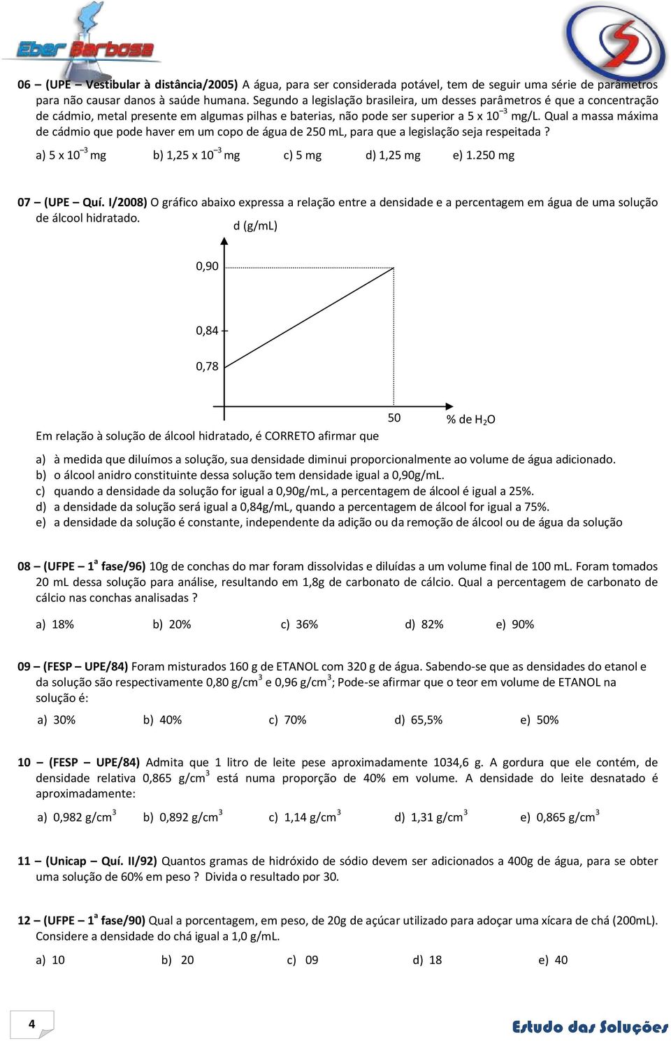 Qual a massa máxima de cádmio que pode haver em um copo de água de 250 ml, para que a legislação seja respeitada? a) 5 x 10 3 mg b) 1,25 x 10 3 mg c) 5 mg d) 1,25 mg e) 1.250 mg 07 (UPE Quí.