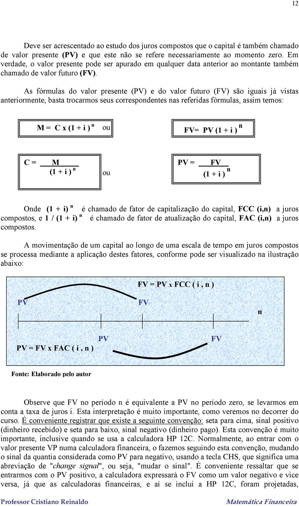 As fórmulas do valor presente (PV) e do valor futuro (FV) são iguais já vistas anteriormente, basta trocarmos seus correspondentes nas referidas fórmulas, assim temos: M = C x (1 + i ) n ou FV= PV (1