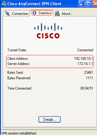 Esta janela é mostrada e fornece informações sobre a conexão SSL. Por exemplo, 192.168.10.