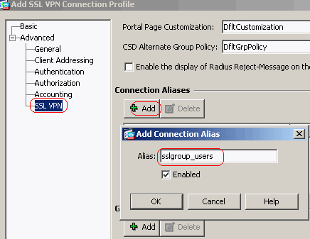 c. Na guia SSL VPN > Connection Aliases, especifique o nome do alias de grupo como sslgroup_users e clique em OK. d. Clique em OK e, em seguida, em Apply.