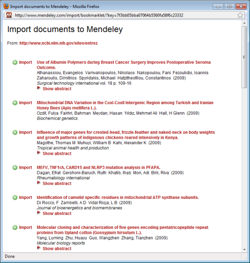 Usando o Web Importer Na página de referência(s) clique no Importar para Mendeley depois clique em Importar