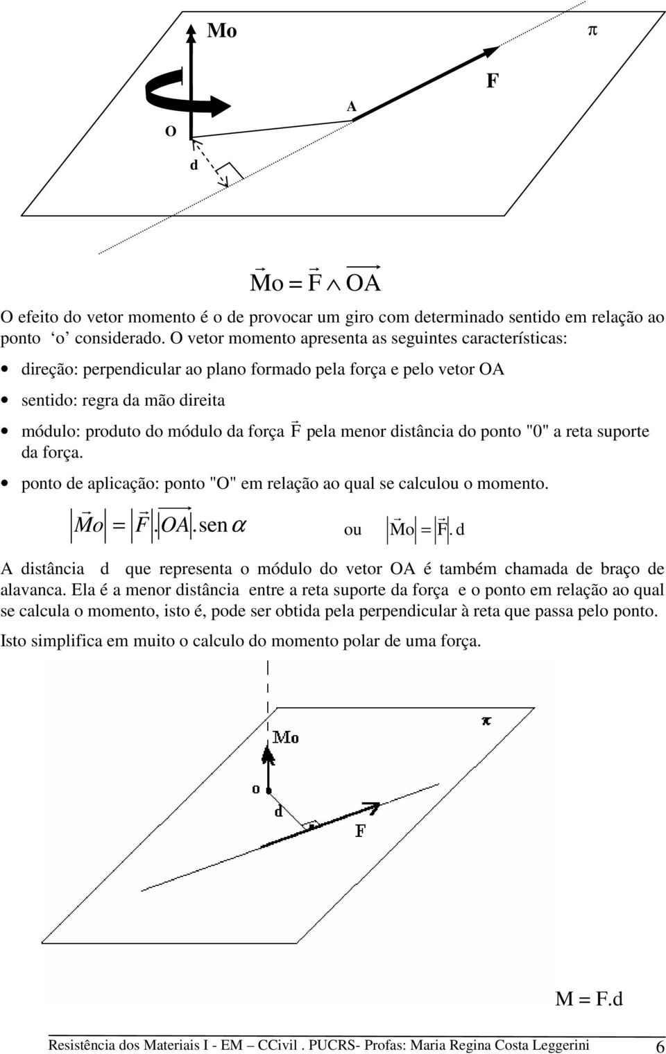 menor distância do ponto "0" a reta suporte da força. ponto de aplicação: ponto "O" em relação ao qual se calculou o momento. r Mo r F.OA.senα r r = ou Mo = F.