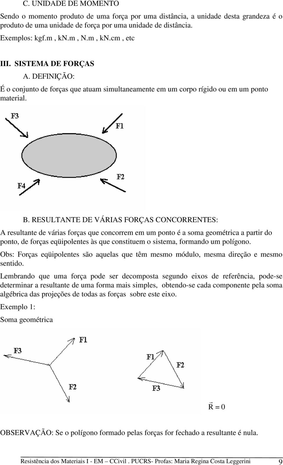 RESULTANTE DE VÁRIAS FORÇAS CONCORRENTES: A resultante de várias forças que concorrem em um ponto é a soma geométrica a partir do ponto, de forças eqüipolentes às que constituem o sistema, formando