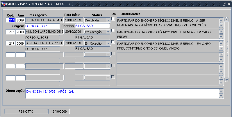 1.6 - PA6030 Passagens Aéreas Pendentes: Tela que permite ao ordenador da passagem ACEITAR a justificativa para solicitação de passagem com prazo