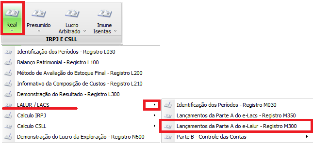 Registro M300: Lançamentos da Parte A do e-lalur; São todos os lançamentos realizados nas ADIÇÕES da Parte A da Demonstração do Lucro Real o usuário deverá inserir manualmente as