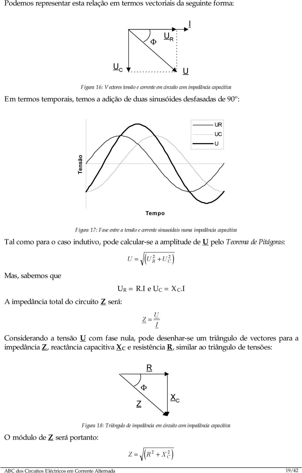 de U pelo Teorema de Pitágoras: Mas, sabemos que A impedância total do circuito Z será: 2 2 ( R C ) U = U + U UR = R.I e UC = XC.