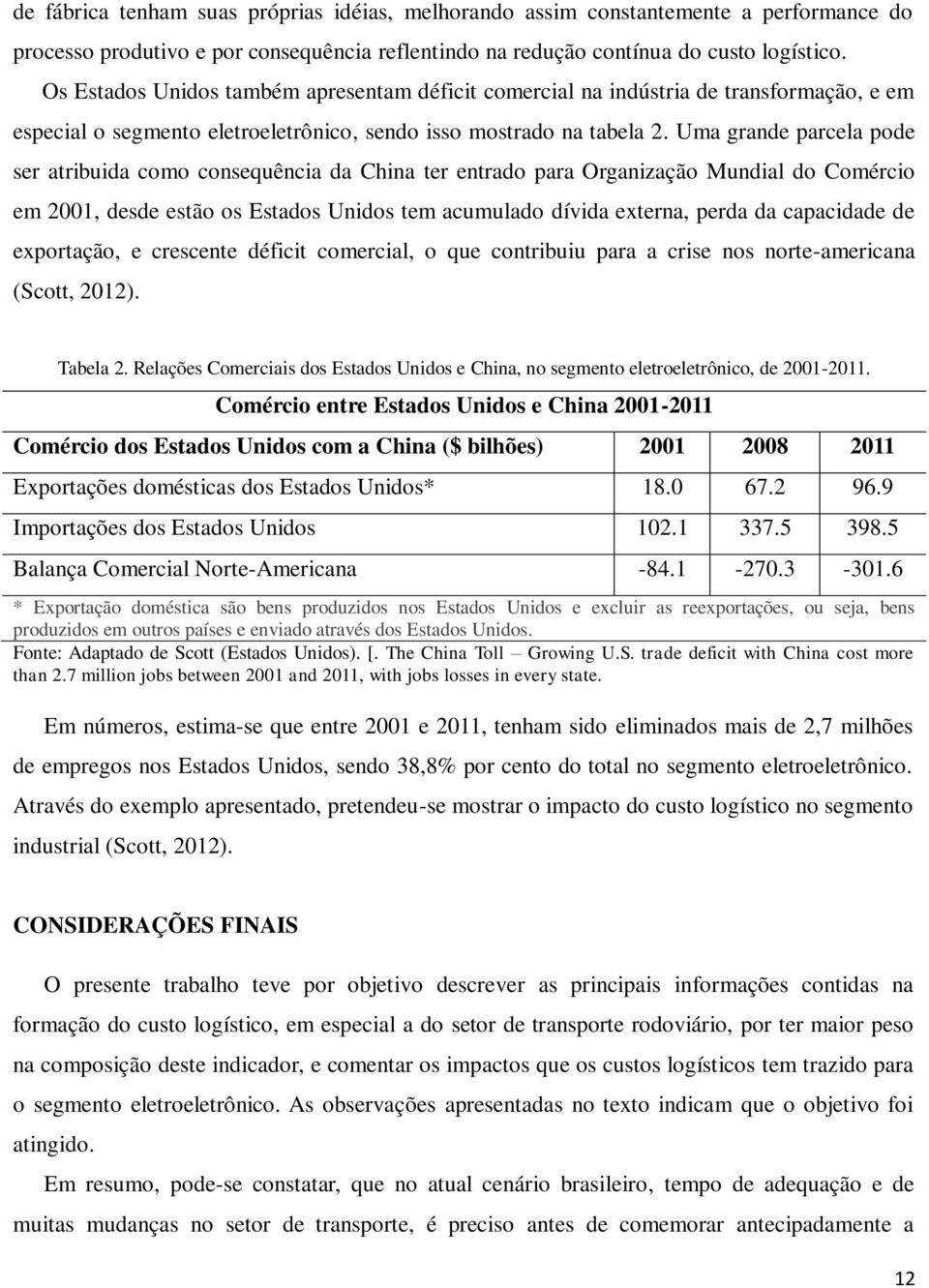 Uma grande parcela pode ser atribuida como consequência da China ter entrado para Organização Mundial do Comércio em 2001, desde estão os Estados Unidos tem acumulado dívida externa, perda da