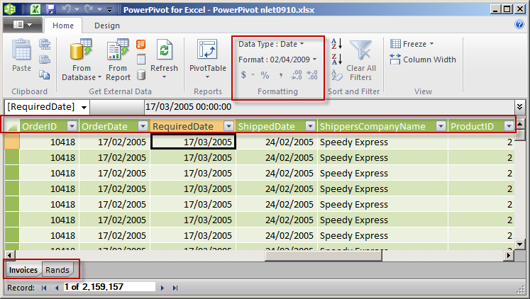 A opção de filtro exibe uma visualização dos dados similar a de uma tabela do Excel 2010 e com as mesmas opções avançadas de filtro acessadas dos menus suspensos em cada cabeçalho de cada coluna: Uma