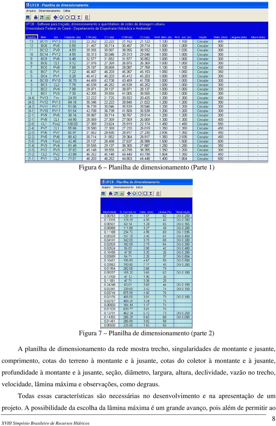 montante e à jusante, seção, diâmetro, largura, altura, declividade, vazão no trecho, velocidade, lâmina máxima e observações, como degraus.